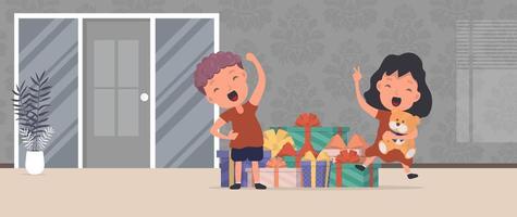 Children rejoice at gifts. Happy children, lots of gifts. Holidays concept. Vector.