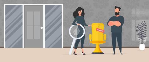 The girl shows in an empty space. Gold office chair. Open work concept. Suitable for registration on the topic of job search and workers. . vector