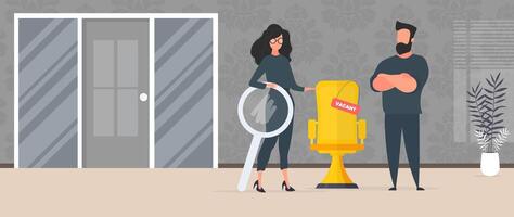 The girl shows in an empty space. Gold office chair. Open work concept. Suitable for registration on the topic of job search and workers. Vector. vector