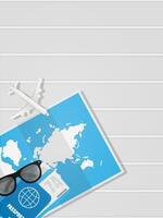 White background for travel banner with place for text. Tickets, passport, world map and airplane are on the table. Vector illustration.