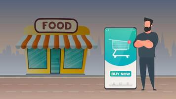 The guy is standing next to a large smartphone. Phone with online store application. Buy button. Cart, new order. Online shopping and payment concept. Vector. vector