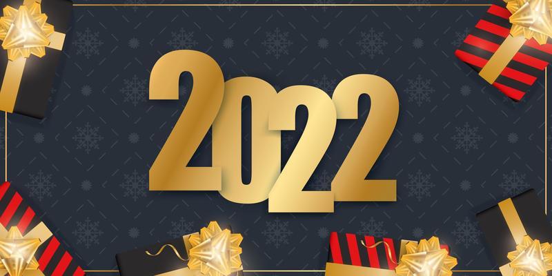 2022 new year dark blue banner. Background with realistic gift boxes, gold ribbons and bow. Vector.
