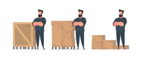 A man stands with cardboard boxes. Delivery and trucking concept. Isolated. Vector. vector