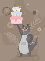 Funny cat holds a festive cupcake. Sweets with cream, muffin, festive dessert, confectionery. Good for happy birthday cards. Vector flat style.