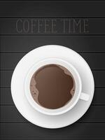 A realistic cup of coffee view from above. The cup is on a wooden table. Black wooden table. . vector