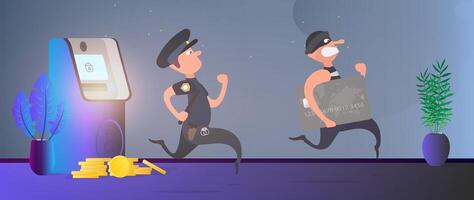 A policeman runs after a thief. The robber steals a bank card and runs away. ATM, gold coins. Fraud concept. Cartoon style. Vector. vector