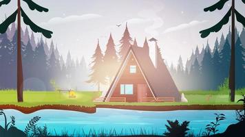 House in the forest. Forest with a river. A place to relax on the weekend. Deer family in the meadow. Fish jumps out of the water. Vector.