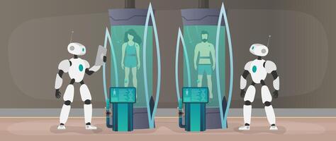 Two robots standing next to a machine that has a woman inside vector