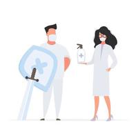 Man and Girl doctor. Medics in medical masks. Spray bottle. Sanitizer in a flat style. Vector. vector