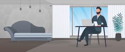 A guy with glasses sits at a table in his office. A man works on a laptop. Office, bookshelf, business man, floor lamp. Office work concept. Vector. vector