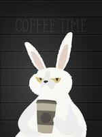 Funny rabbit with a serious look. A hare with a sleepy look and a paper cup of coffee in its paws. vector