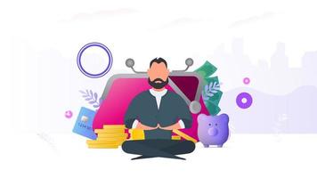 el hombre de negocios está meditando. una montaña de monedas, una tarjeta de crédito, dólares. concepto de ahorro y acumulación de dinero. adecuado para presentaciones y artículos de negocios. vector