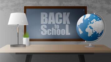 Back to school banner. Black board, open book, wooden table in the loft style, globe, table lamp, pot of grass, gray concrete wall. Realistic style. illustration vector
