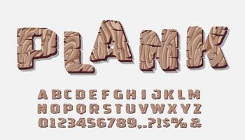 Plank font. Old cracked wooden alphabet. Timber texture. vector