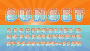 diseño de fuente estilo puesta de sol de verano, letras y números alfabéticos, vector eps10.