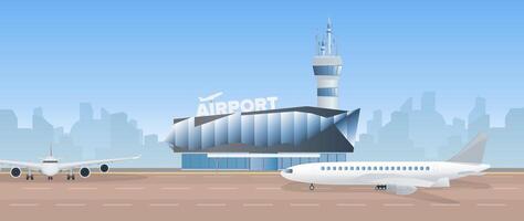 Modern airport. Runway. Airplane on the runway. Airport in a flat style. City silhouette. Vector illustration