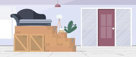 Moving home banner. Moving to a new place. Wooden boxes, cardboard boxes, sofa, houseplant, floor lamp. Vector. vector