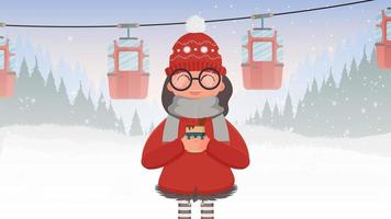 A girl in red clothes is holding a hot drink. Cable car with trailers in the winter forest. Funicular carriage. The forest is with deer and snow. Cartoon style. Vector illustration.