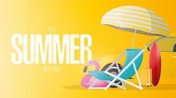 Summer time yellow poster. Sun umbrella, beach deck chair, pink flamingo circle, yellow travel suitcase, red surfboard, palm trees and yellow car. vector