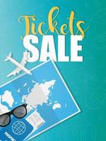 Ticket sale poster. Blue air ticket sale banner. Tickets, passport, world map, travel suitcase, top view. Vector illustration