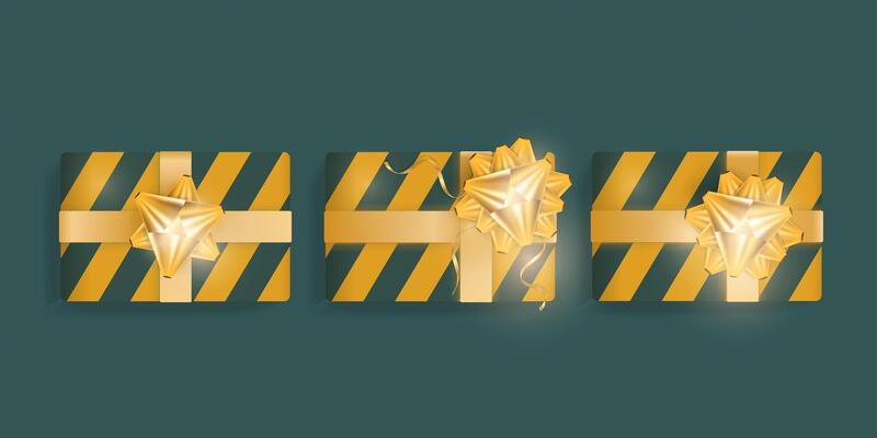 Set of Realistic Gift Boxes with Green and Yellow Stripes, Gold Ribbons and Bow. illustration.