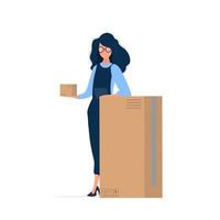 A girl in overalls holds a box in her hands. Girl with a big cardboard box. Isolated. Vector. vector