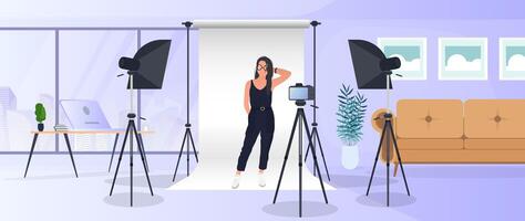 Photo Studio . Girl posing to the camera. White canvas background on tripods. Camera on a tripod, softbox. Professional photo studio. vector