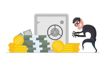 The robber steals money. The criminal steals gold coins. Robbery and finance security concept. Flat style, isolated, vector. vector