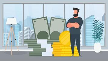 Businessman and a mountain of money. A man stands near gold coins and large dollar bills. A bundle of money. The concept of a successful business, earnings and wealth. Vector. vector