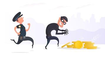 A criminal steals gold coins. A policeman detains a robber. Robbery and finance security concept. Flat style, Vector. vector