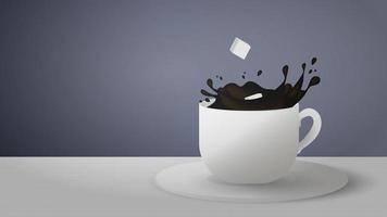 Realistic cup with splashes of coffee on a gray background. Sugar cubes fall from a cup of coffee. Vector illustration