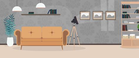 The room is made in dark colors. A lazy stylish sofa, a floor lamp, a houseplant in a white pot. Gray wallpaper with a pattern. . vector