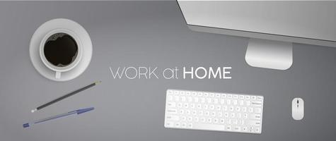 Work at home banner. Flat lay, top view office desk with computer. Coffee, pencil, pen, keyboard, computer mouse, monitor. Realistic vector illustration.