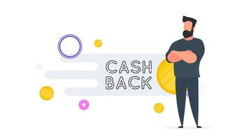 Confident Businessman. Cashback lettering isolated on white background. Golden coins. Composition on the subject of money back. Vector. vector