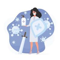 Medic girl in a white suit with a shield and a sword. Female doctor in a medical mask holds a nebulizer. Disinfectant in flat style. Vector. vector