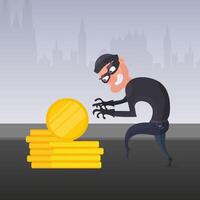 The robber steals money. The criminal steals gold coins. Robbery and finance security concept. Flat style, vector. vector