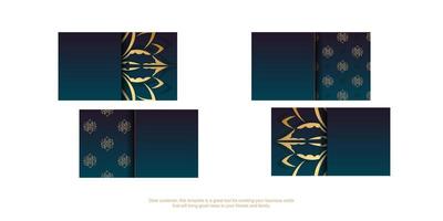 tarjeta de visita azul degradado con adornos dorados griegos para su negocio. vector
