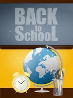 Back to school banner. Chalk board, metal stand for pens, pencils, scissors, ruler, old yellow clock, globe and open book. Vector illustration