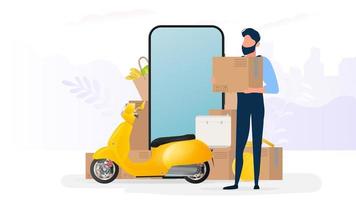 Banner on the theme of delivery. The guy is holding a box. Yellow scooter with food shelf, telephone, gold coins, cardboard boxes, paper grocery bag. vector