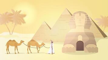 A shepherd leads camels through the desert. Egyptian pyramids, sphinx. Vector. vector