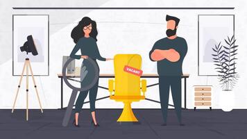 The girl shows in an empty space. Gold office chair. Open work concept. Suitable for registration on the topic of job search and workers. Vector. vector