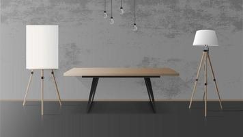 mesa de madera con base de metal negro. mesa vacía, caballete de madera, lámpara de pie, gris, muro de hormigón. ilustración vectorial vector