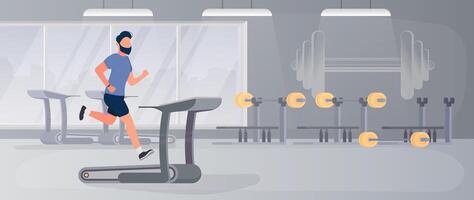 Large gym. The guy runs on a treadmill. A man runs on a simulator in the gym. The concept of sport and healthy lifestyle. . vector