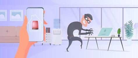 Thief in the house. A robber steals data from a laptop. The concept of safety and security premises. Flat style vector illustration.