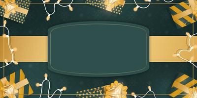 Green banner with space for text. Background with gifts, garlands and light bulbs. Vector. vector