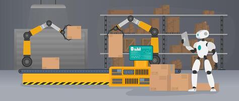 The robot stands with cardboard boxes near the conveyor line. Conveyor system in flat design. . vector