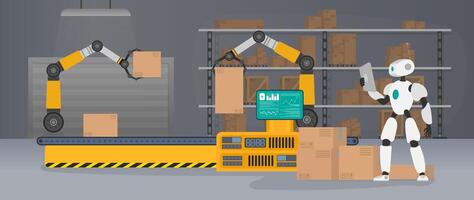 The robot stands with cardboard boxes near the conveyor line. Conveyor system in flat design. Vector. vector