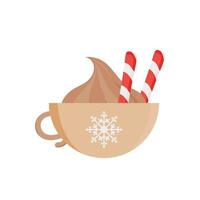 Semicircular cup with hot drink and sweets. Flat style. Vector illustration.