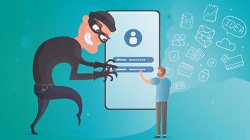 A thief steals user data. The bandit robs the password and data for the phone. Hacking concept Hacking smartphone user database. Insecure connection, online fraud, email viruses, isometric flat vector