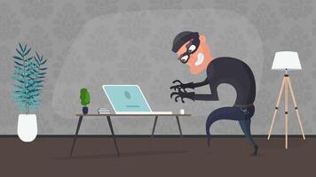 The thief entered the apartment and steals the laptop. An office robber steals data. Security and robbery concept. Vector. vector